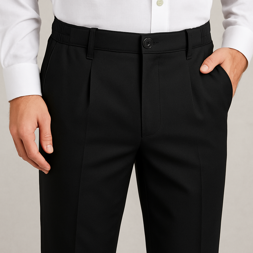 Man in black formal trousers with flexi waistband, wearing a white shirt.