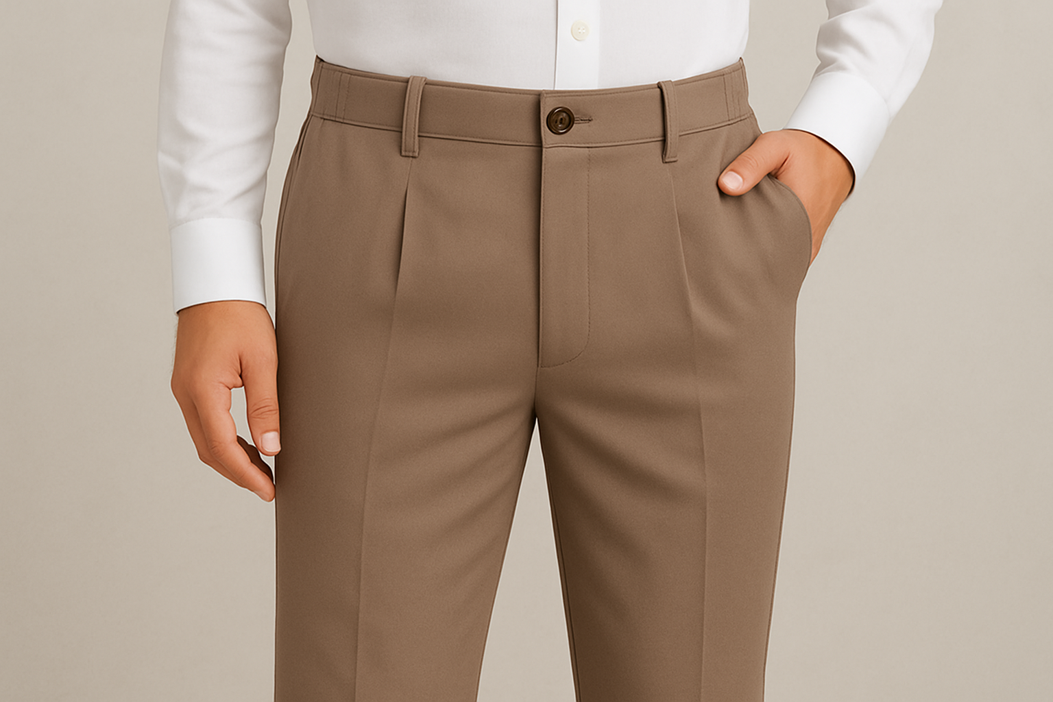 Man in brown formal trousers and white shirt with hand in pocket.