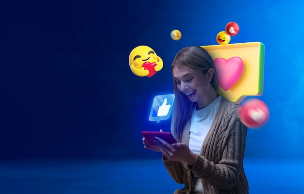  Smiling woman viewing content on a tablet, surrounded by floating social media emojis.
