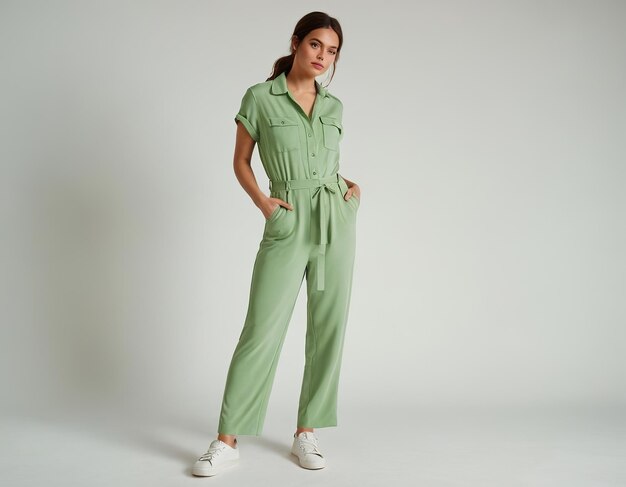 Woman in green jumpsuit posing confidently against a simple and neutral backdrop.