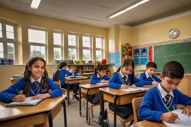 Smiling schoolchildren in blue uniforms sitting at desks, writing in notebooks inside a bright classroom.