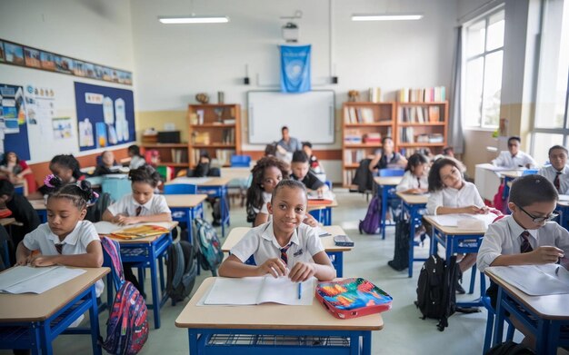 Diverse group of students seated at desks, focused on classwork in a well-lit modern classroom.